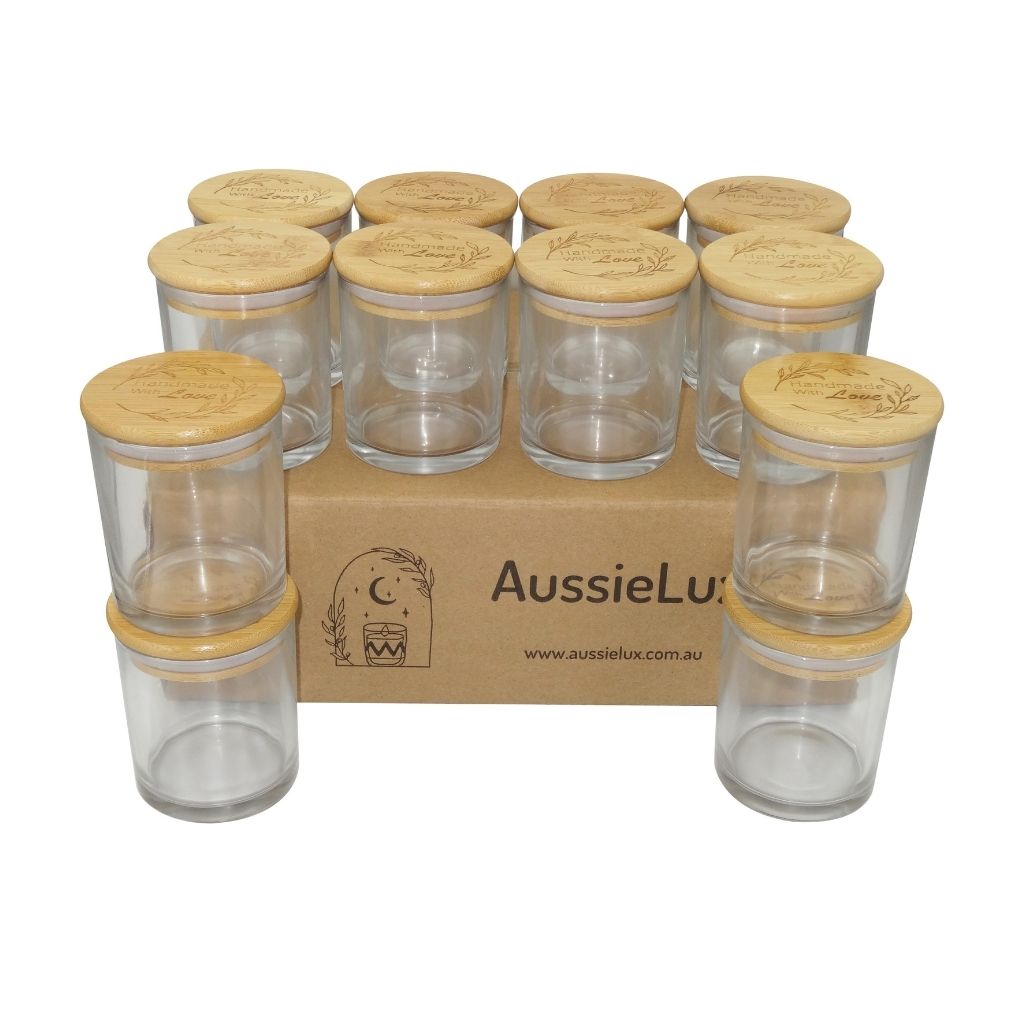 Luxury Glass Candle Jars with Bamboo Lids for Making Candles, Wholesale (12 Jars - Clear)