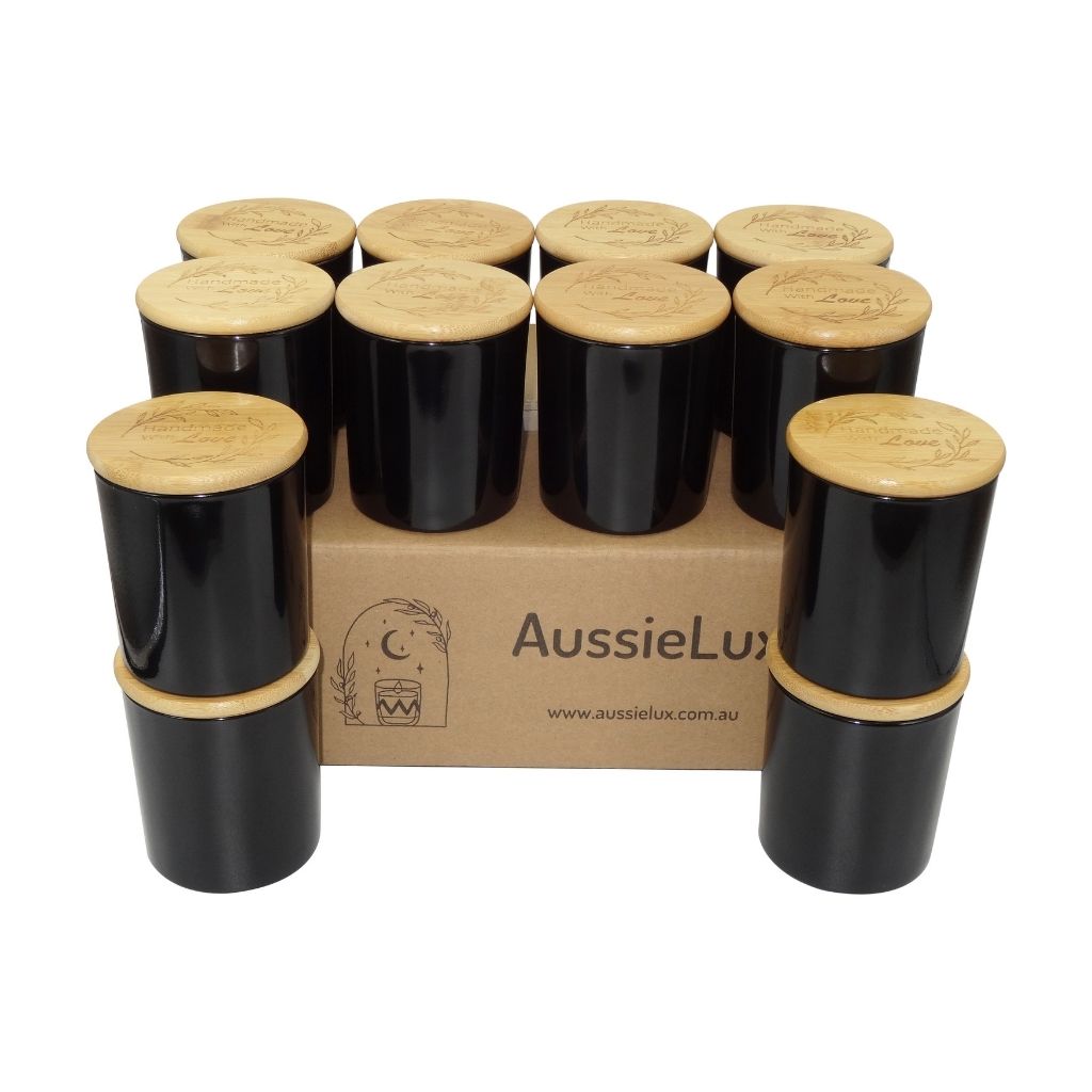 48 Pcs Luxury Glass Candle Jars with Bamboo Lids for Making Candles, Wholesale (Glossy Black Colour)