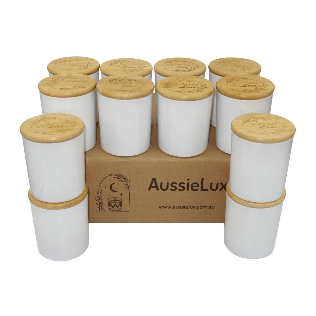Luxury Glass Candle Jars with Bamboo Lids for Making Candles, Wholesale (12 Jars - Glossy White Colour)