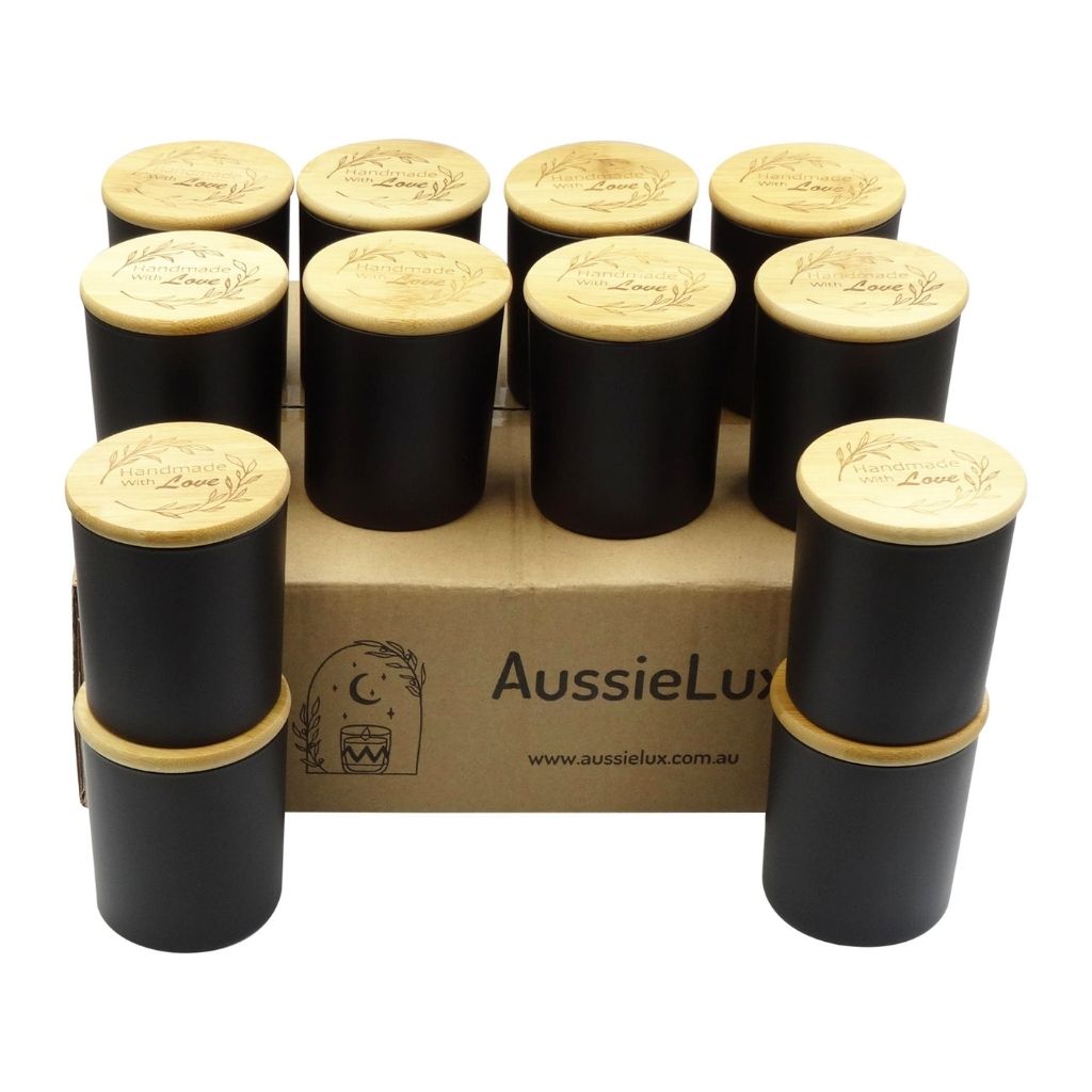 Luxury Glass Candle Jars with Bamboo Lids for Making Candles, Wholesale (12 Jars - Matt Black Colour)