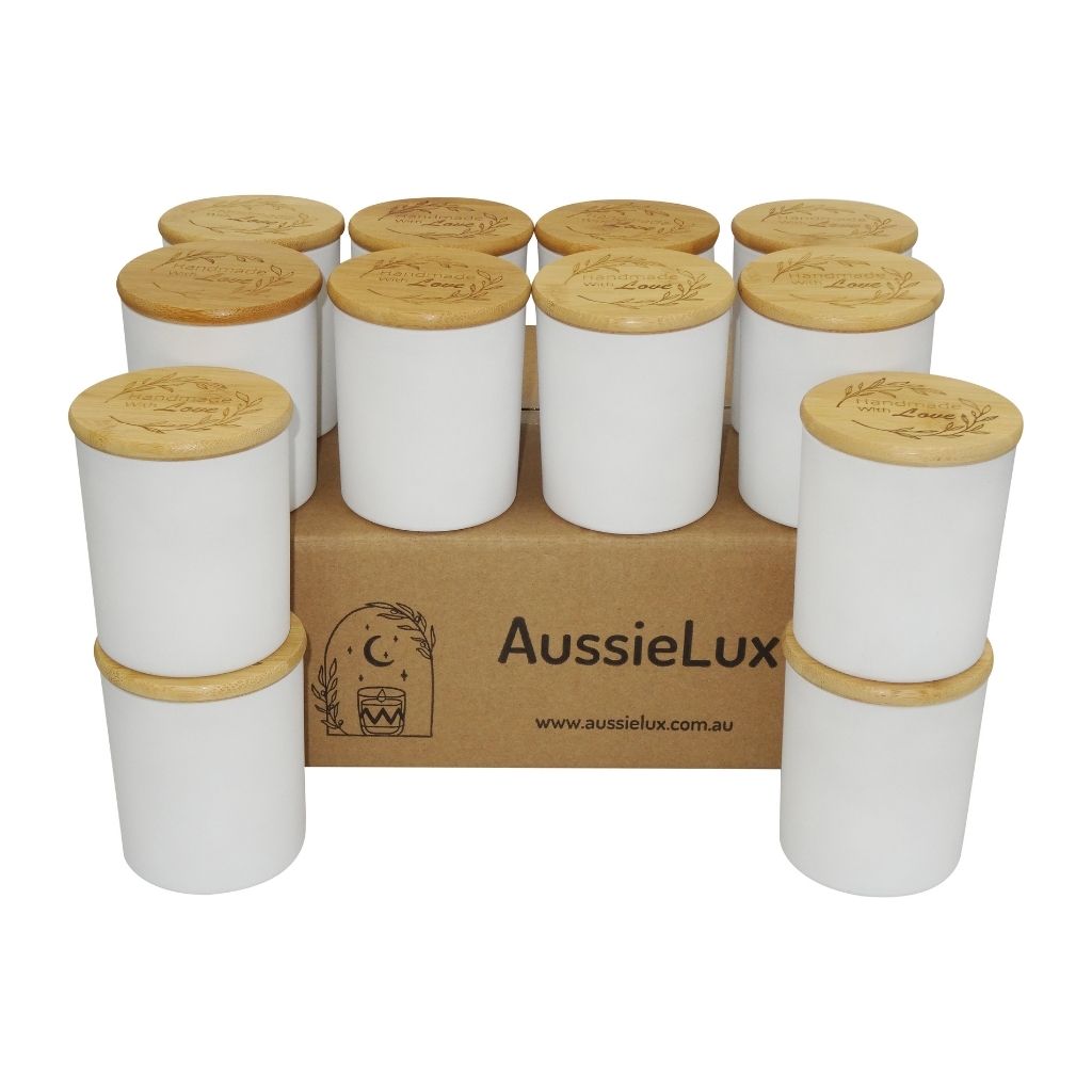 Luxury Glass Candle Jars with Bamboo Lids for Making Candles, Wholesale (12 Jars - Matt White Colour)