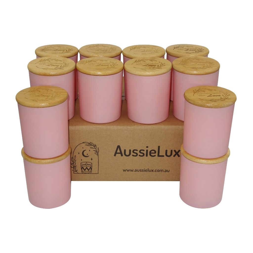 Luxury Glass Candle Jars with Bamboo Lids for Making Candles, Wholesale (12 Jars - Pink Colour)