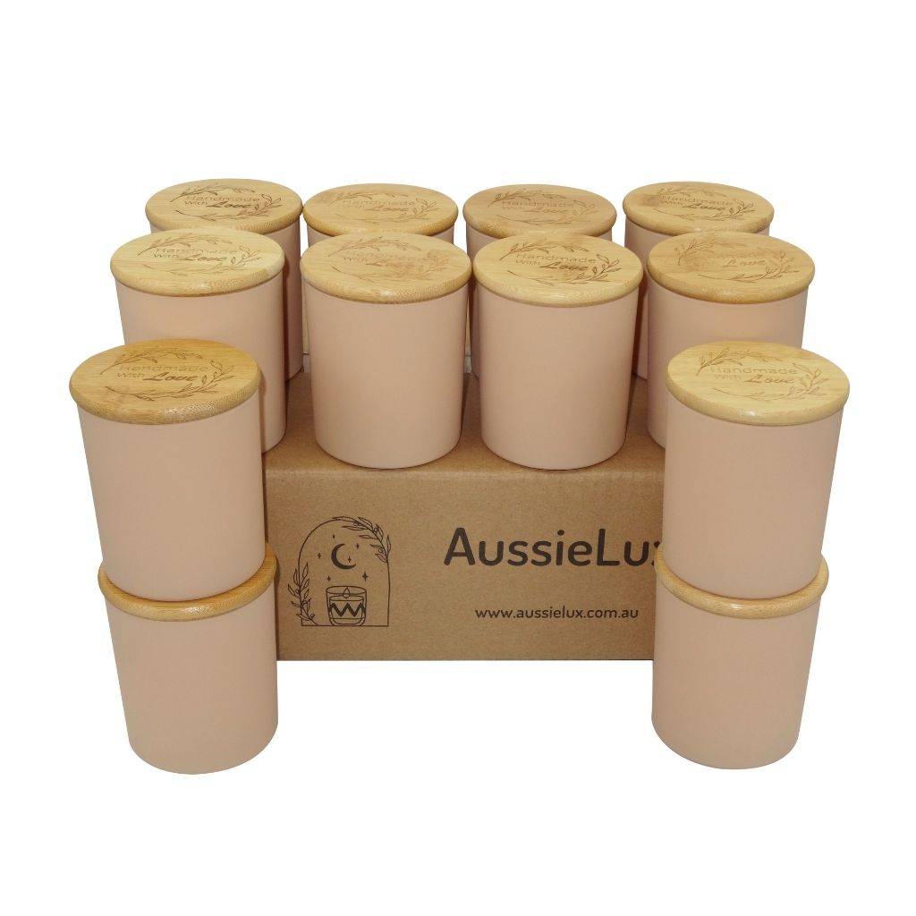 Luxury Glass Candle Jars with Bamboo Lids for Making Candles, Wholesale (12 Jars - Pale Peach Colour)