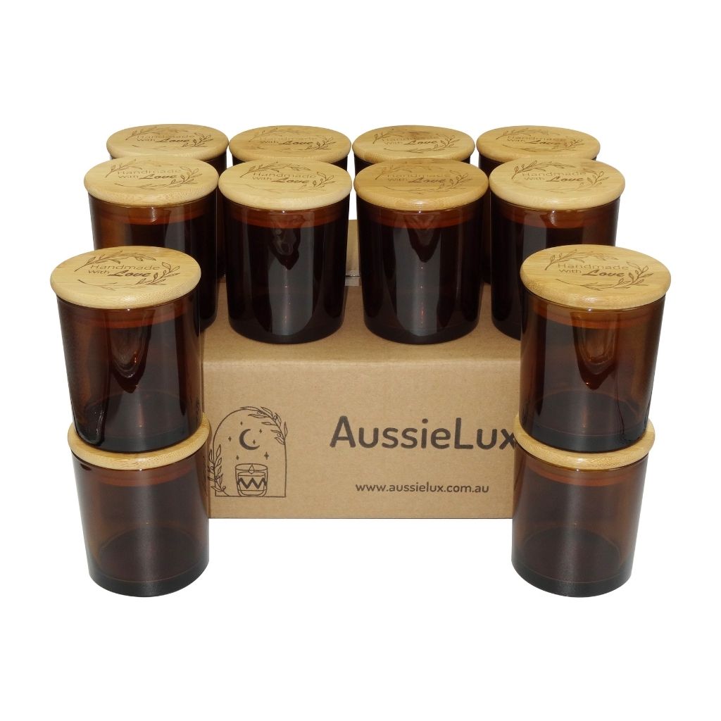 48Pcs Luxury Glass Candle Jars with Bamboo Lids for Making Candles, Wholesale (Amber Colour)